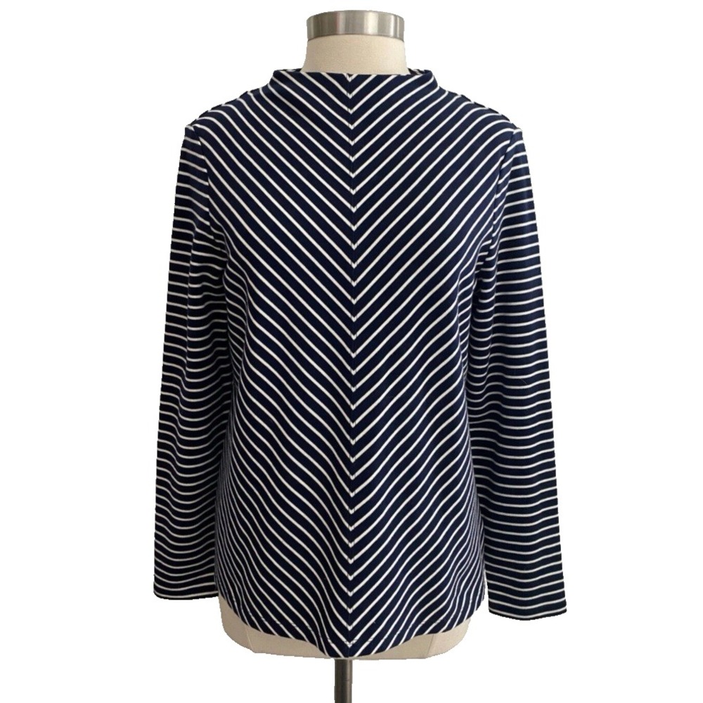 Talbots Mock Neck Cotton Top Women Size 1X Striped‎ Coastal White Blue Nautical